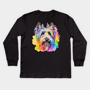 Skye Terrier Watercolor Portrait Kids Long Sleeve T-Shirt